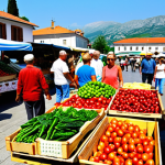 **Image Prompt:** A bustling *pijaca* (farmer's market) in Podgorica, Montenegro. Focus on the vibrant colors of fresh fruits and vegetables. Locals are bargaining with vendors, with the euro prices clearly visible on the produce. In the background, show a glimpse of traditional Montenegrin architecture.