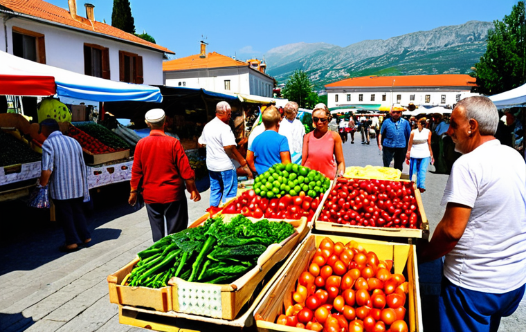 **Image Prompt:** A bustling *pijaca* (farmer's market) in Podgorica, Montenegro. Focus on the vibrant colors of fresh fruits and vegetables. Locals are bargaining with vendors, with the euro prices clearly visible on the produce. In the background, show a glimpse of traditional Montenegrin architecture.