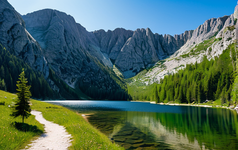 Black Lake Scenic View**
"A serene view of Black Lake (Crno Jezero) in Durmitor National Park, surrounded by dense pine forests and towering cliffs, reflecting the clear sky, fully clothed hikers visible on the lakeside trail, appropriate attire, safe for work, perfect anatomy, natural proportions, professional landscape photography, high quality, family-friendly, modest, appropriate content."
**