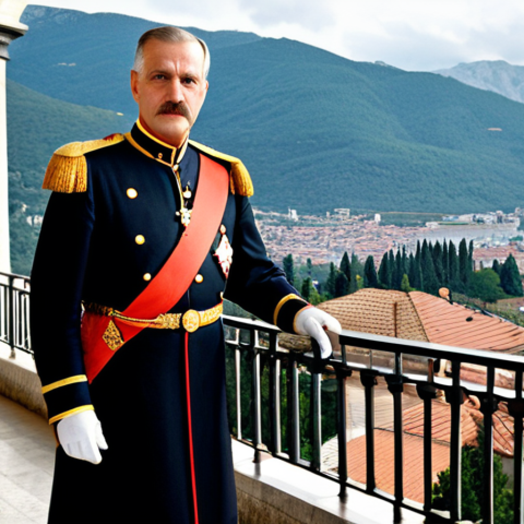 "King Nicholas I of Montenegro in full royal regalia, standing on a balcony overlooking Cetinje, the former royal capital. Background shows the city and surrounding mountains. Professional portrait, historical accuracy, fully clothed, appropriate attire, safe for work, perfect anatomy, natural proportions, family-friendly."