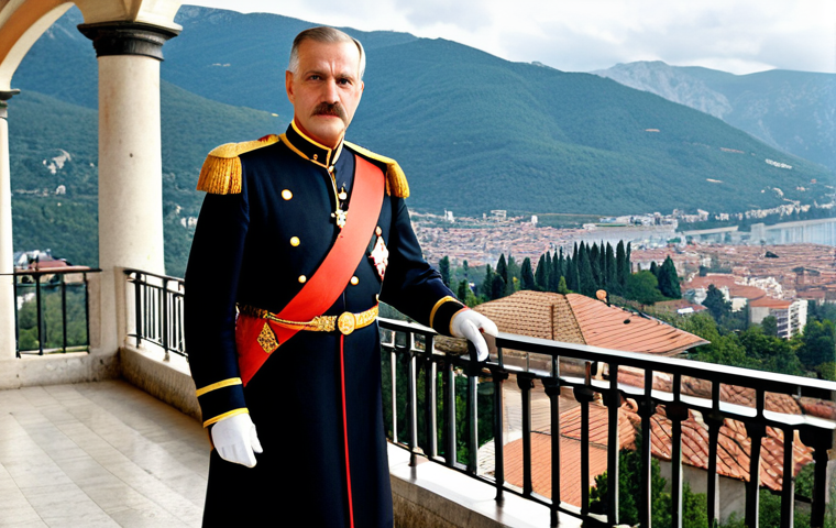 "King Nicholas I of Montenegro in full royal regalia, standing on a balcony overlooking Cetinje, the former royal capital. Background shows the city and surrounding mountains. Professional portrait, historical accuracy, fully clothed, appropriate attire, safe for work, perfect anatomy, natural proportions, family-friendly."