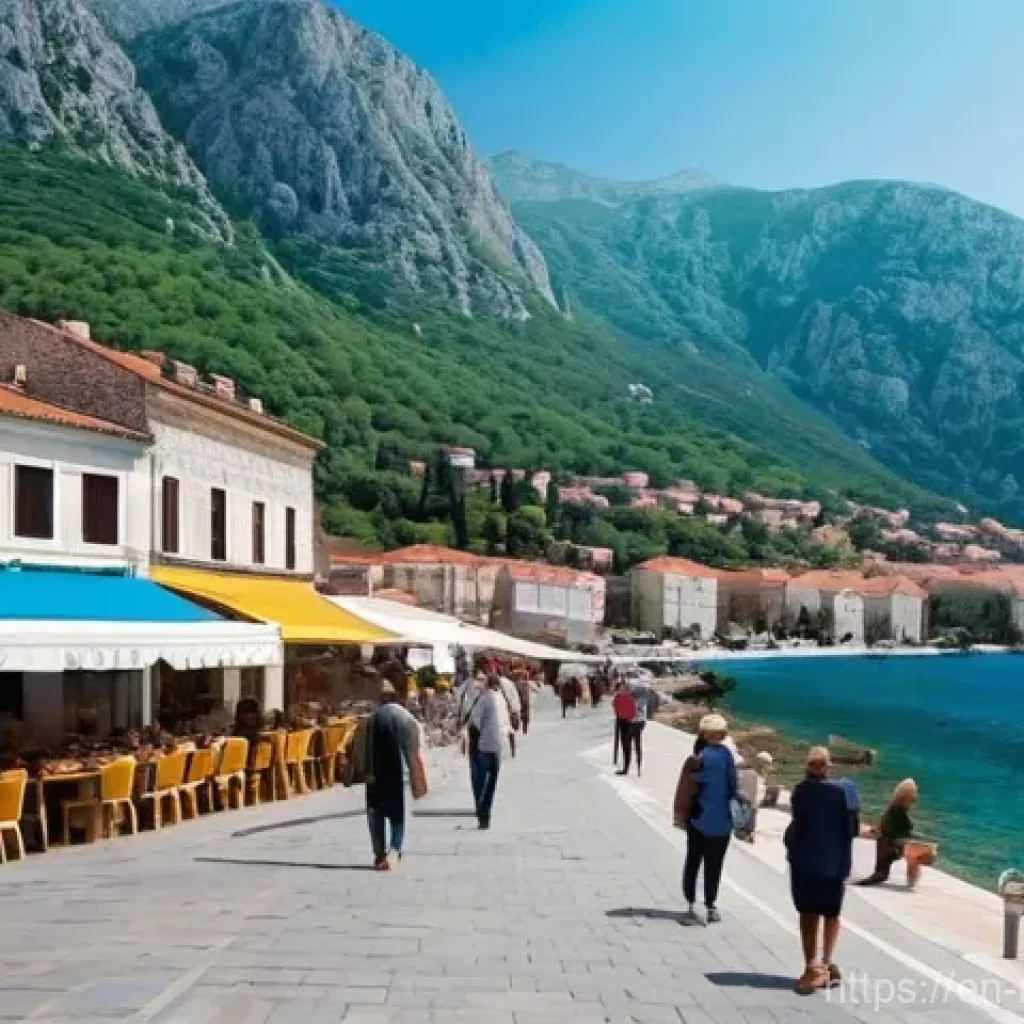 몬테네그로 경제 위기 사례 - **Prompt:** A vibrant, panoramic view of a bustling Montenegrin coastal town, reminiscent of Kotor o...