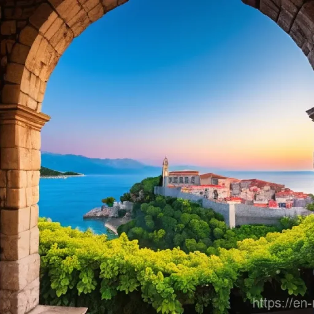 부드바 해변 - **Prompt:** "A panoramic aerial view of Budva Old Town ('Stari Grad') at sunrise, with warm golden l...