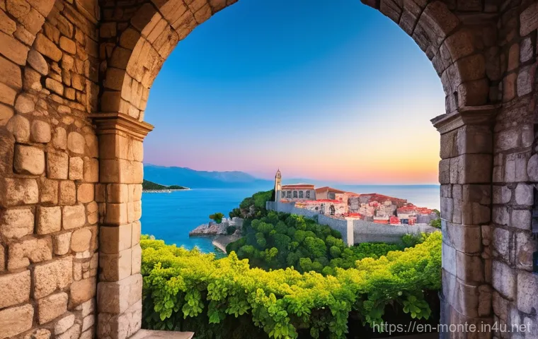부드바 해변 - **Prompt:** "A panoramic aerial view of Budva Old Town ('Stari Grad') at sunrise, with warm golden l...