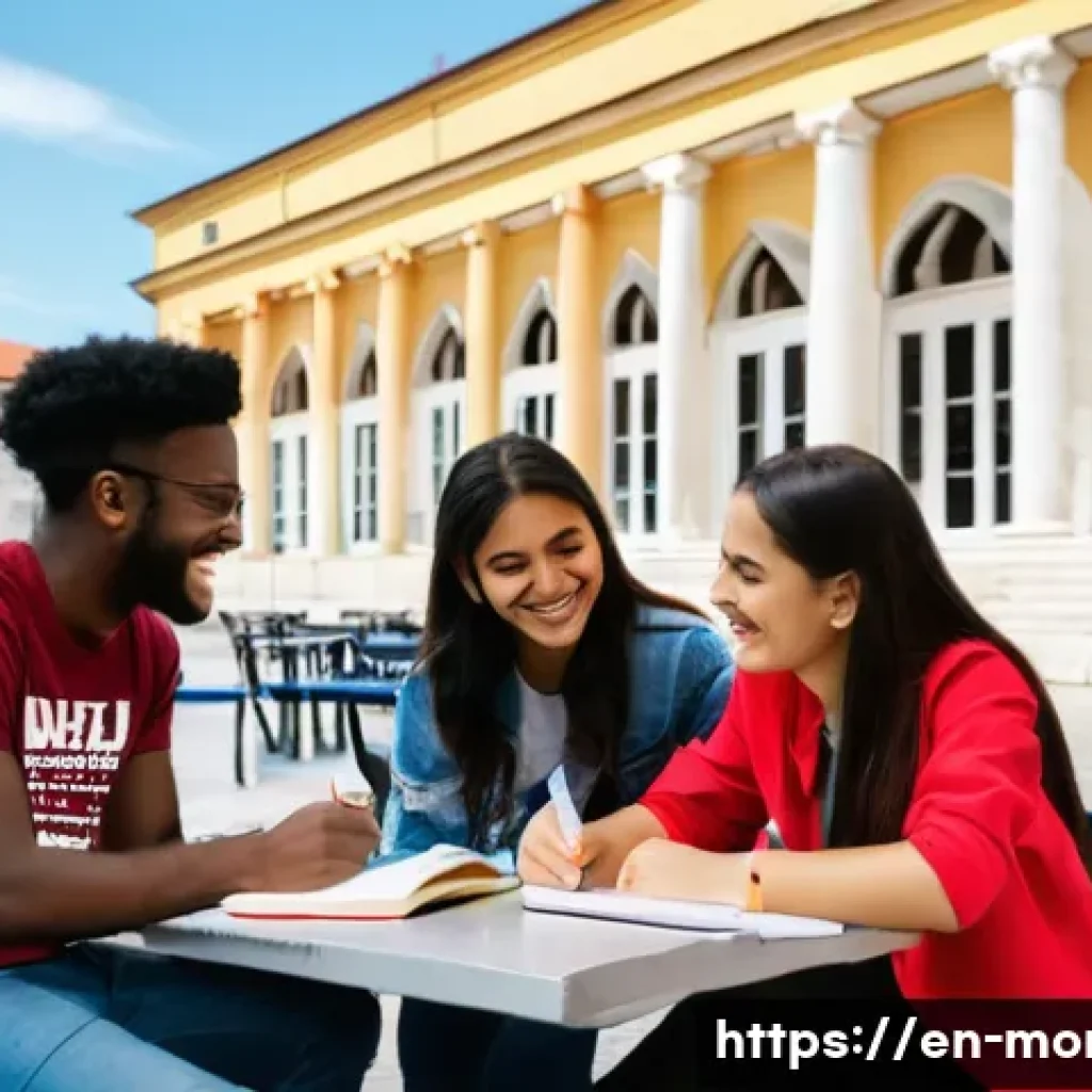 몬테네그로 유학생 비율 - **Prompt:** A vibrant outdoor scene at the University of Montenegro. International students of diver...