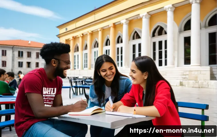 몬테네그로 유학생 비율 - **Prompt:** A vibrant outdoor scene at the University of Montenegro. International students of diver...