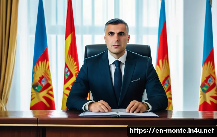 몬테네그로 출신 정치인 - A distinguished Montenegrin political leader standing confidently in a modern government office, dre...