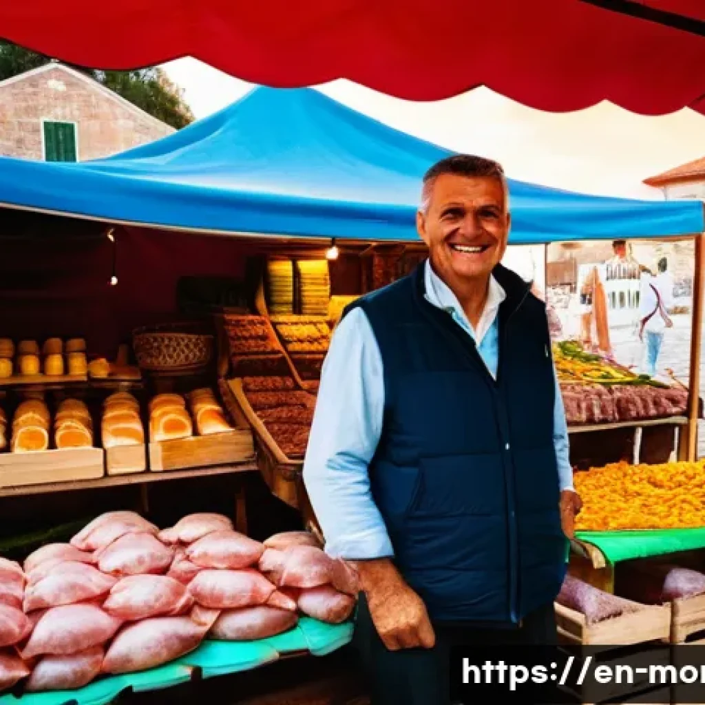 몬테네그로어 기본 회화 - A vibrant Montenegrin outdoor market scene near Kotor at sunset, featuring a warmly smiling local ve...