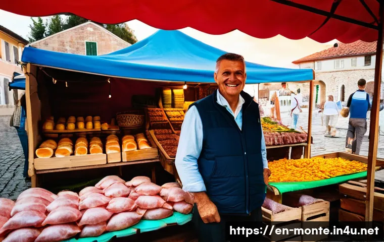 몬테네그로어 기본 회화 - A vibrant Montenegrin outdoor market scene near Kotor at sunset, featuring a warmly smiling local ve...