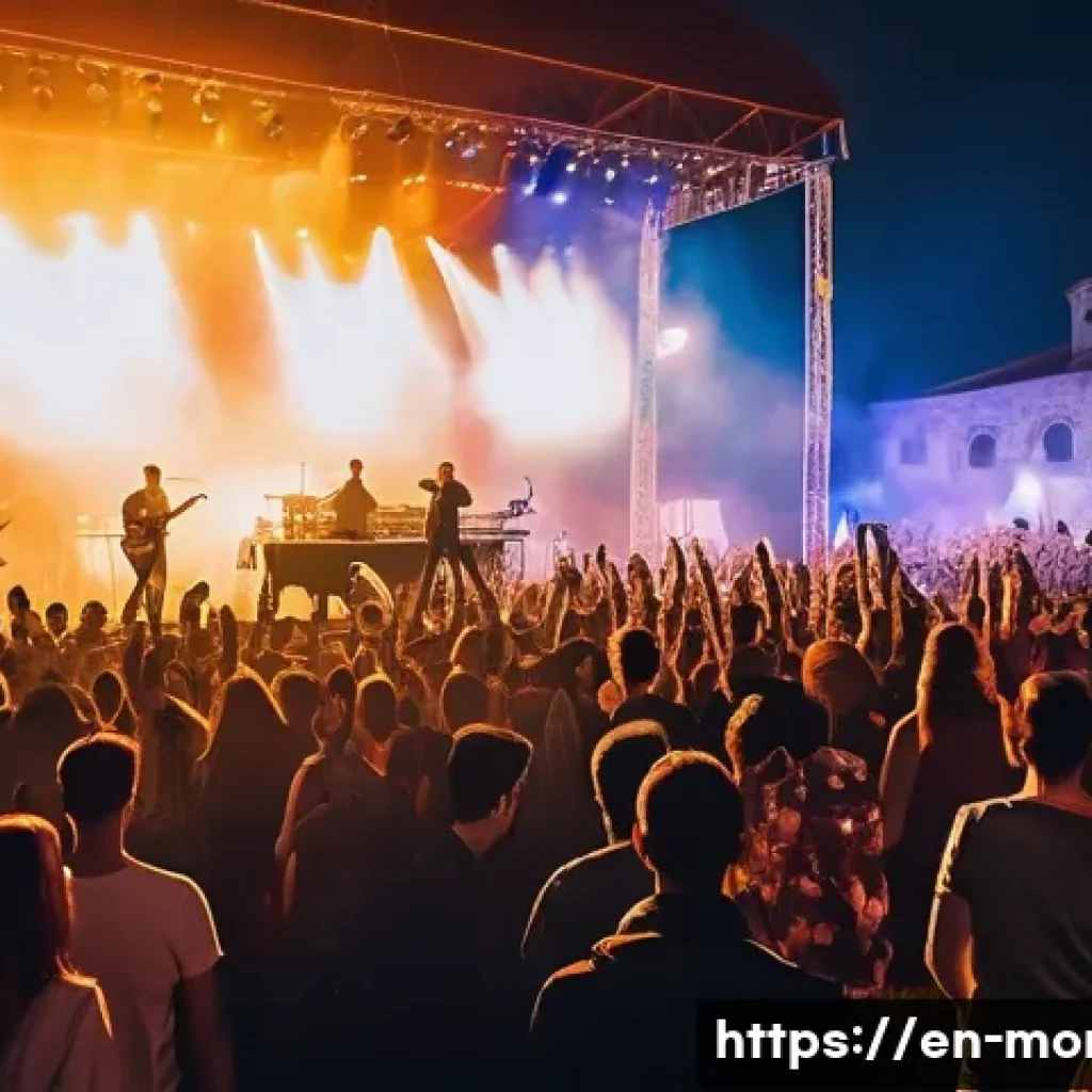 몬테네그로 출신 음악가 - A vibrant live concert scene in Montenegro featuring a diverse crowd of young people dancing energet...