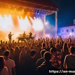 몬테네그로 출신 음악가 - A vibrant live concert scene in Montenegro featuring a diverse crowd of young people dancing energet...