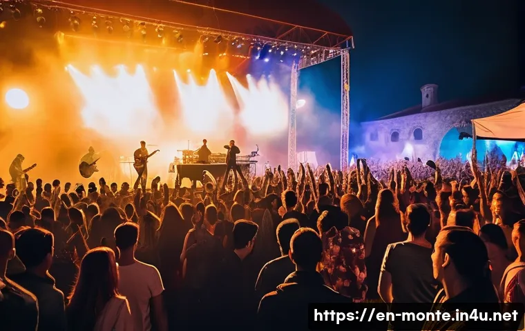 몬테네그로 출신 음악가 - A vibrant live concert scene in Montenegro featuring a diverse crowd of young people dancing energet...