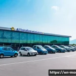 몬테네그로 유럽 내 이동 방법 - A vibrant scene at Podgorica Airport in Montenegro during summer, showing a modern airport terminal ...