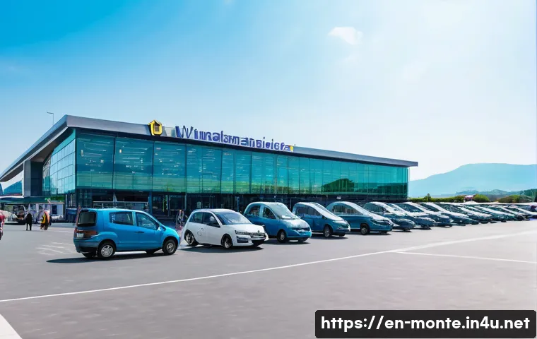 몬테네그로 유럽 내 이동 방법 - A vibrant scene at Podgorica Airport in Montenegro during summer, showing a modern airport terminal ...