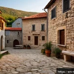 몬테네그로 전통 건축 양식 - A picturesque Montenegrin rural village scene at golden hour, showcasing traditional dry stone mason...