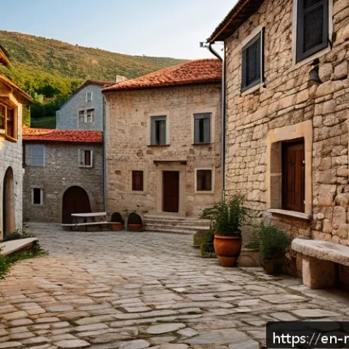 몬테네그로 전통 건축 양식 - A picturesque Montenegrin rural village scene at golden hour, showcasing traditional dry stone mason...