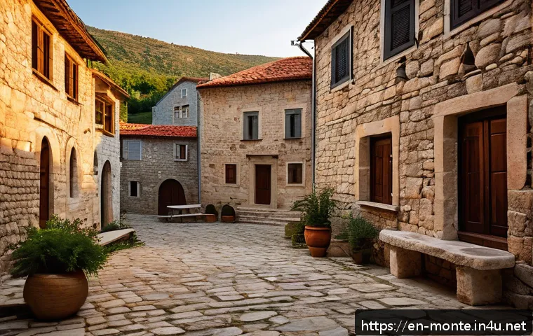 몬테네그로 전통 건축 양식 - A picturesque Montenegrin rural village scene at golden hour, showcasing traditional dry stone mason...