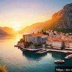 몬테네그로 여행 추천 코스 - A panoramic view from the ancient fortress walls of Kotor overlooking the Bay of Kotor at sunset, fe...