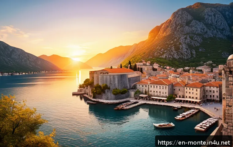 몬테네그로 여행 추천 코스 - A panoramic view from the ancient fortress walls of Kotor overlooking the Bay of Kotor at sunset, fe...