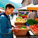 몬테네그로어 숫자 표현 - A cozy Montenegrin open-air market scene in bright daylight, featuring a friendly local vendor and a...