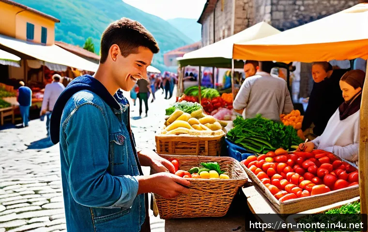 몬테네그로어 숫자 표현 - A cozy Montenegrin open-air market scene in bright daylight, featuring a friendly local vendor and a...