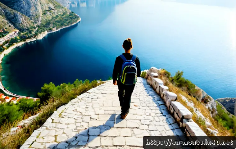 Home 17 몬테네그로 도보 여행 - Photorealistic travel scene of a solo hiker in practical walking clothes with a small backpack, foll...