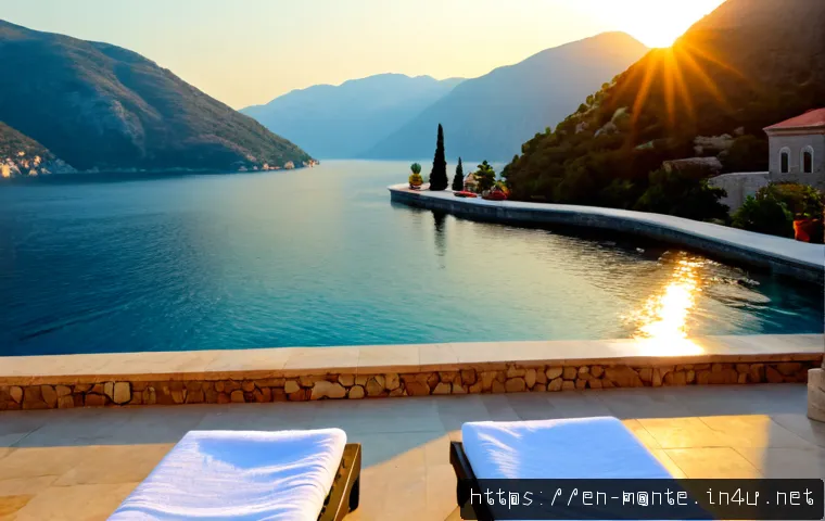 몬테네그로 럭셔리 여행 - Photorealistic luxury travel scene on Montenegro’s Adriatic coast, elegant infinity pool terrace ove...