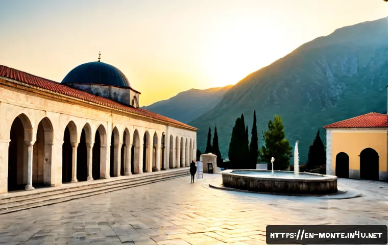 몬테네그로와 이슬람 문화 - Photorealistic wide-angle view of an elegant historic mosque in Montenegro at sunrise, slender stone...